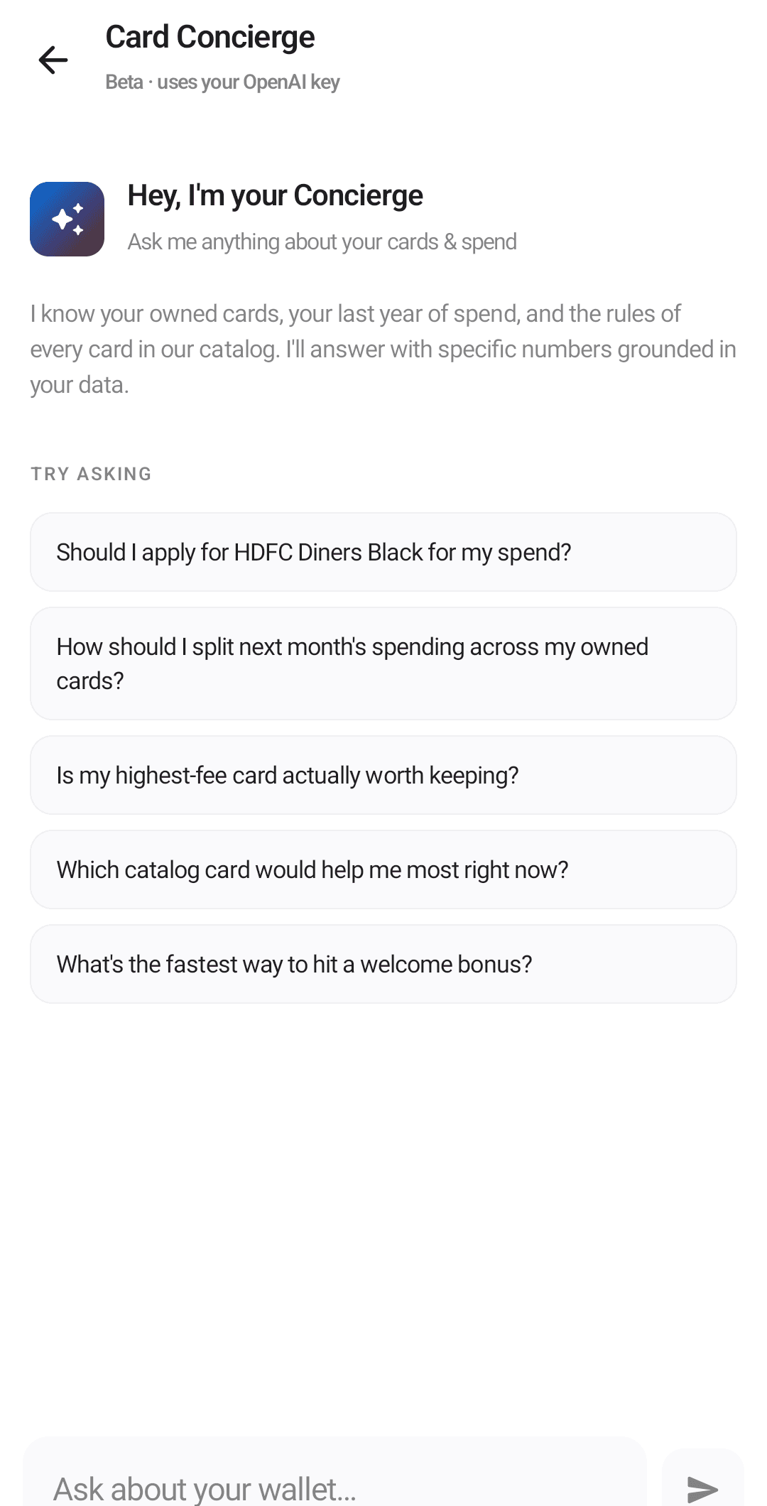 The Card Concierge AI chat answering questions about your wallet