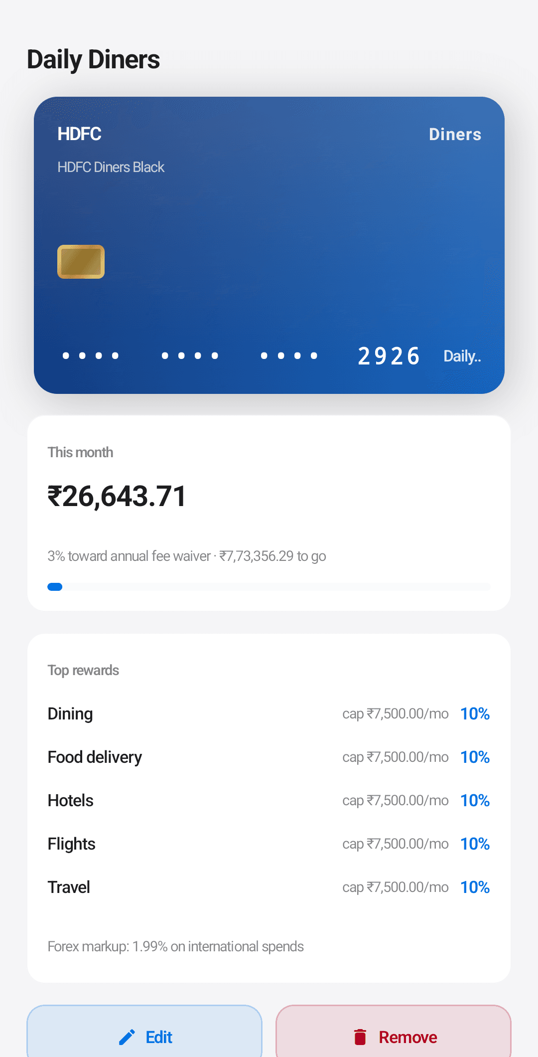 A credit card's reward rates, category caps, and fee-waiver progress