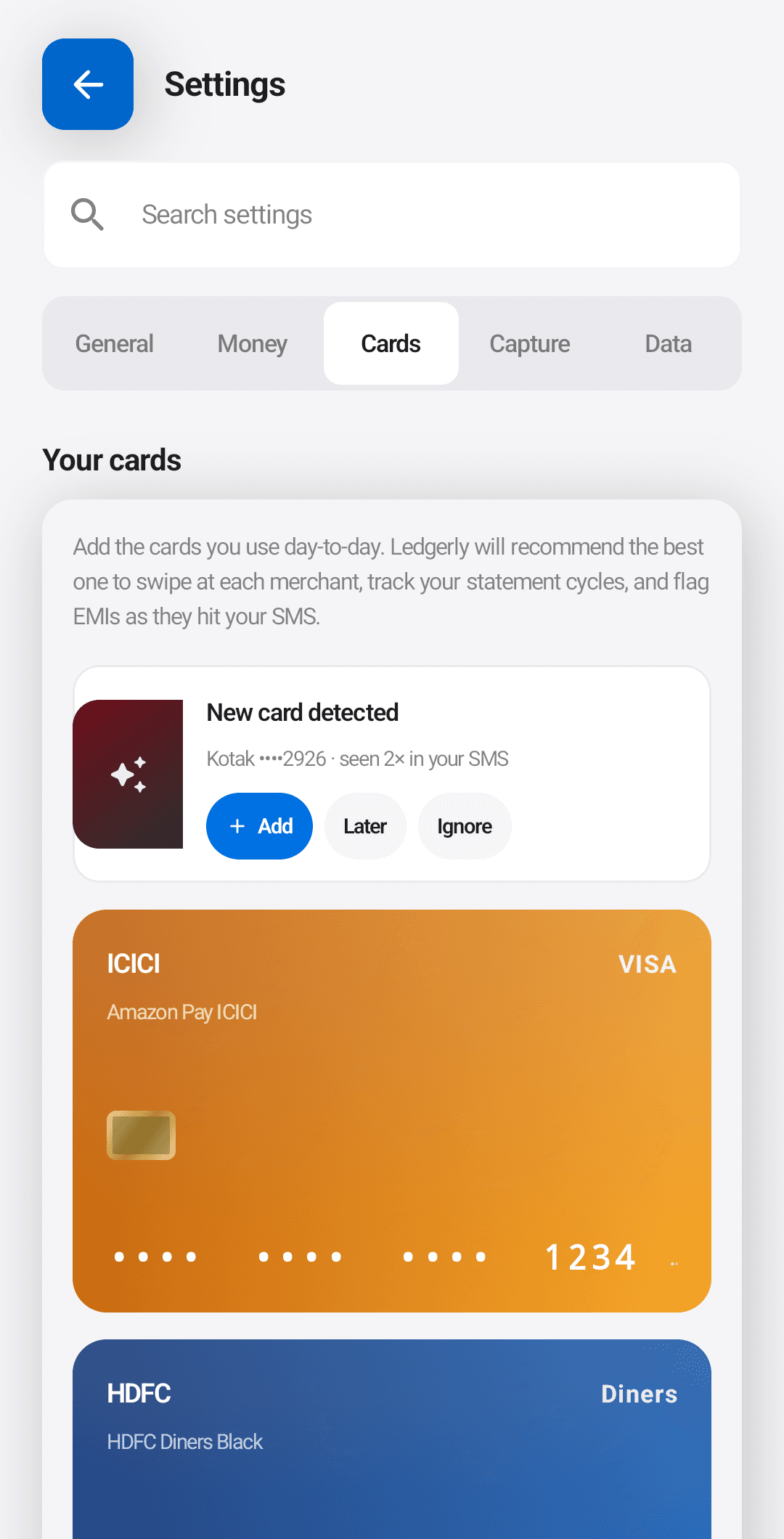 The Ledgerly card wallet, with new cards detected from bank SMS