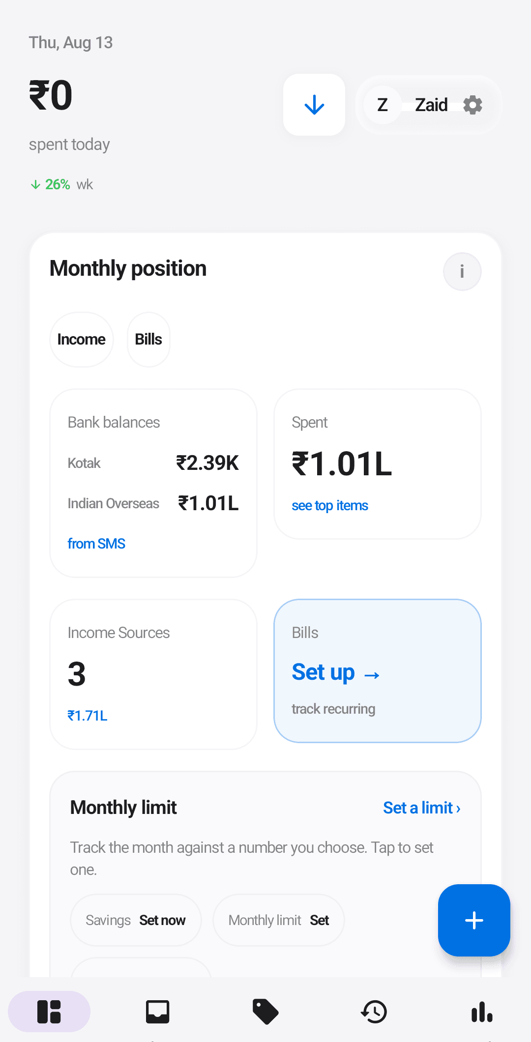 The Ledgerly home dashboard: today's spend, per-bank balances captured from SMS, monthly position, and goal-ready cash