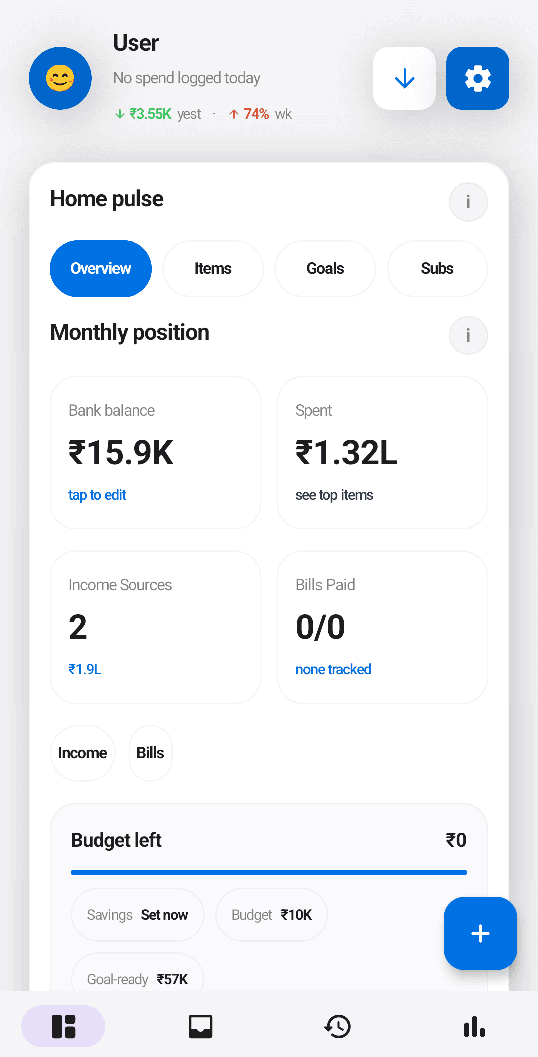 The Ledgerly home dashboard showing balance, monthly spend, budget, and goal-ready cash