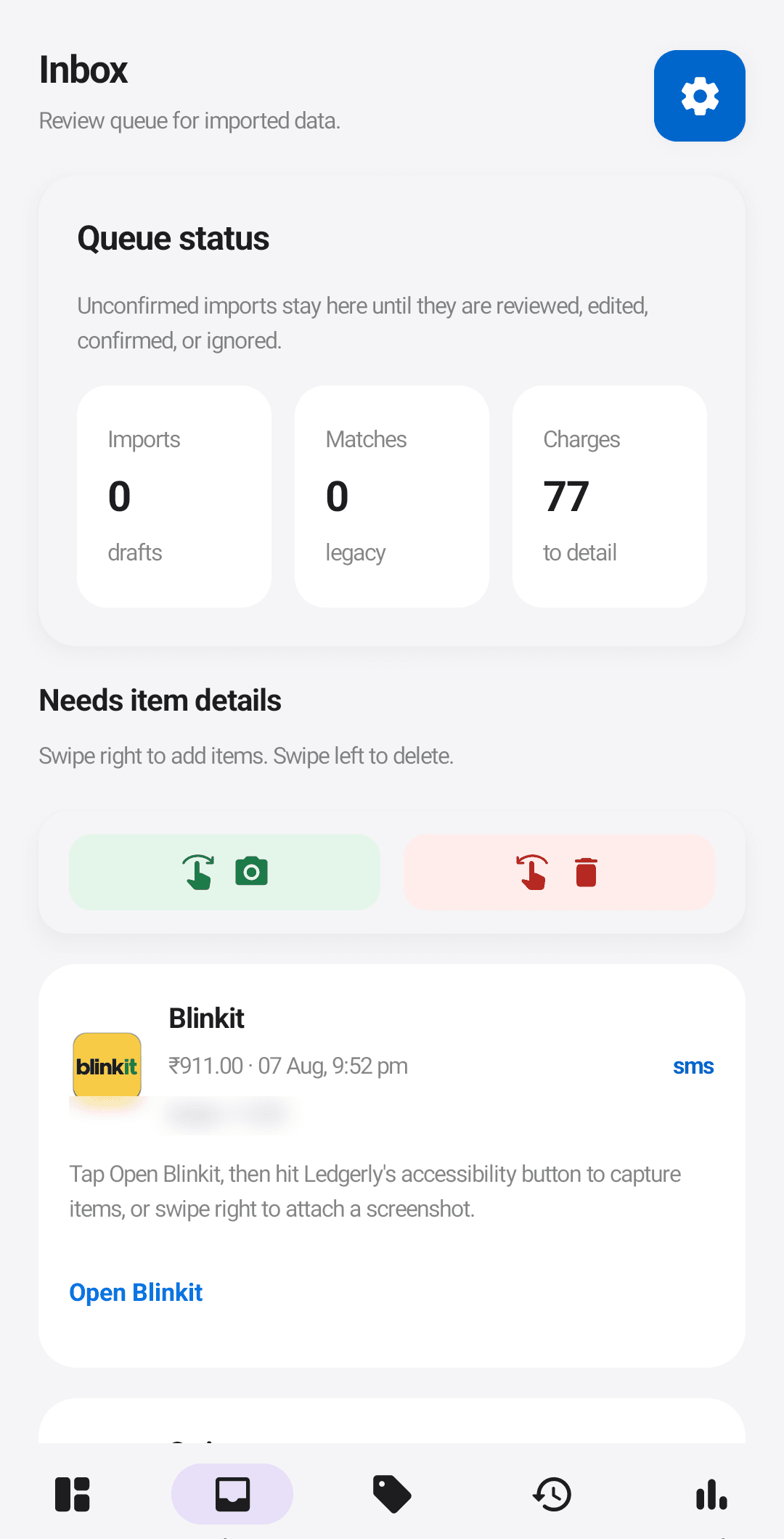 The import review queue, with a captured Blinkit charge waiting for item details