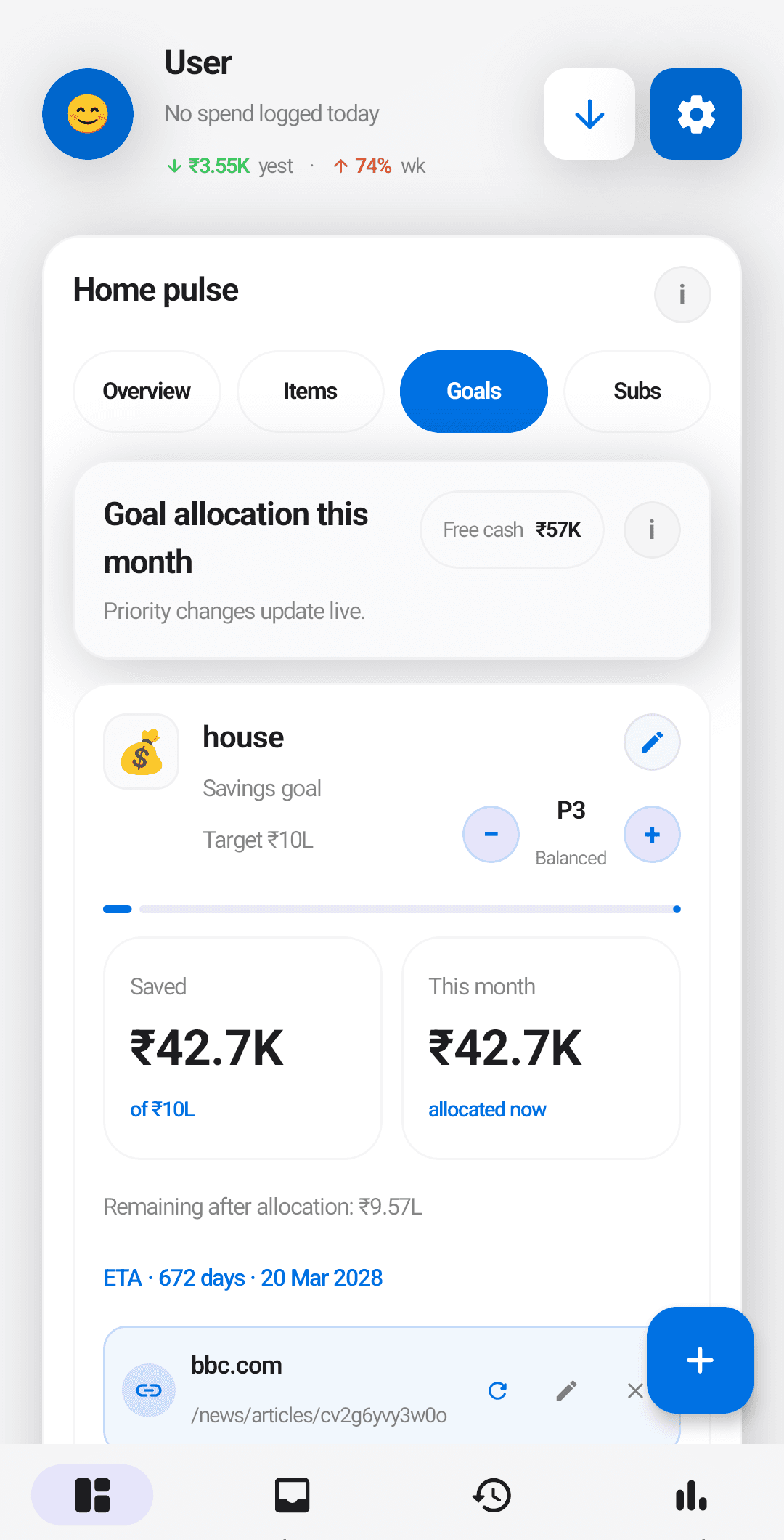 Savings goals with live allocation and a realistic completion date