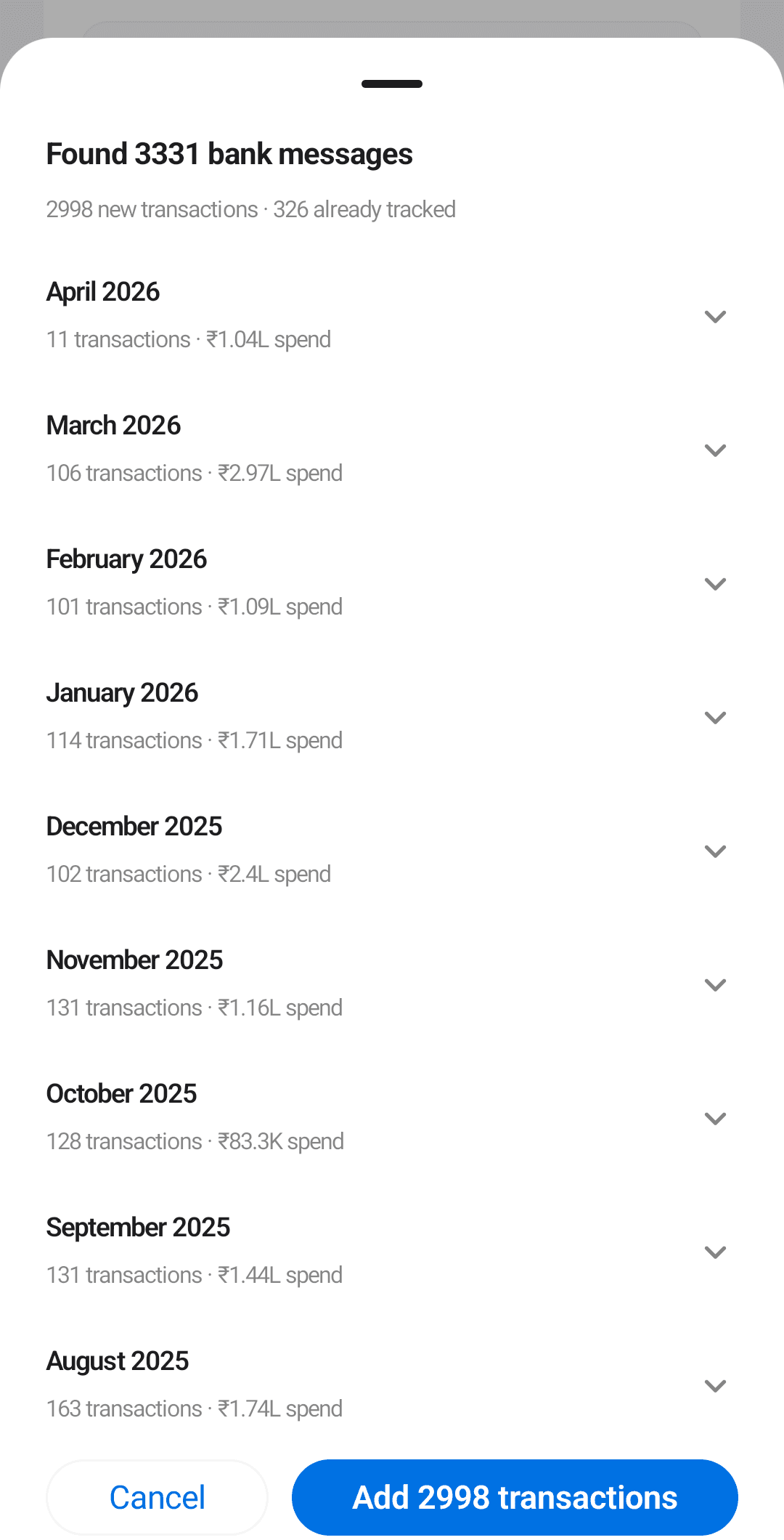 The SMS history import preview, grouped by month, with duplicates skipped and nothing saved until you confirm
