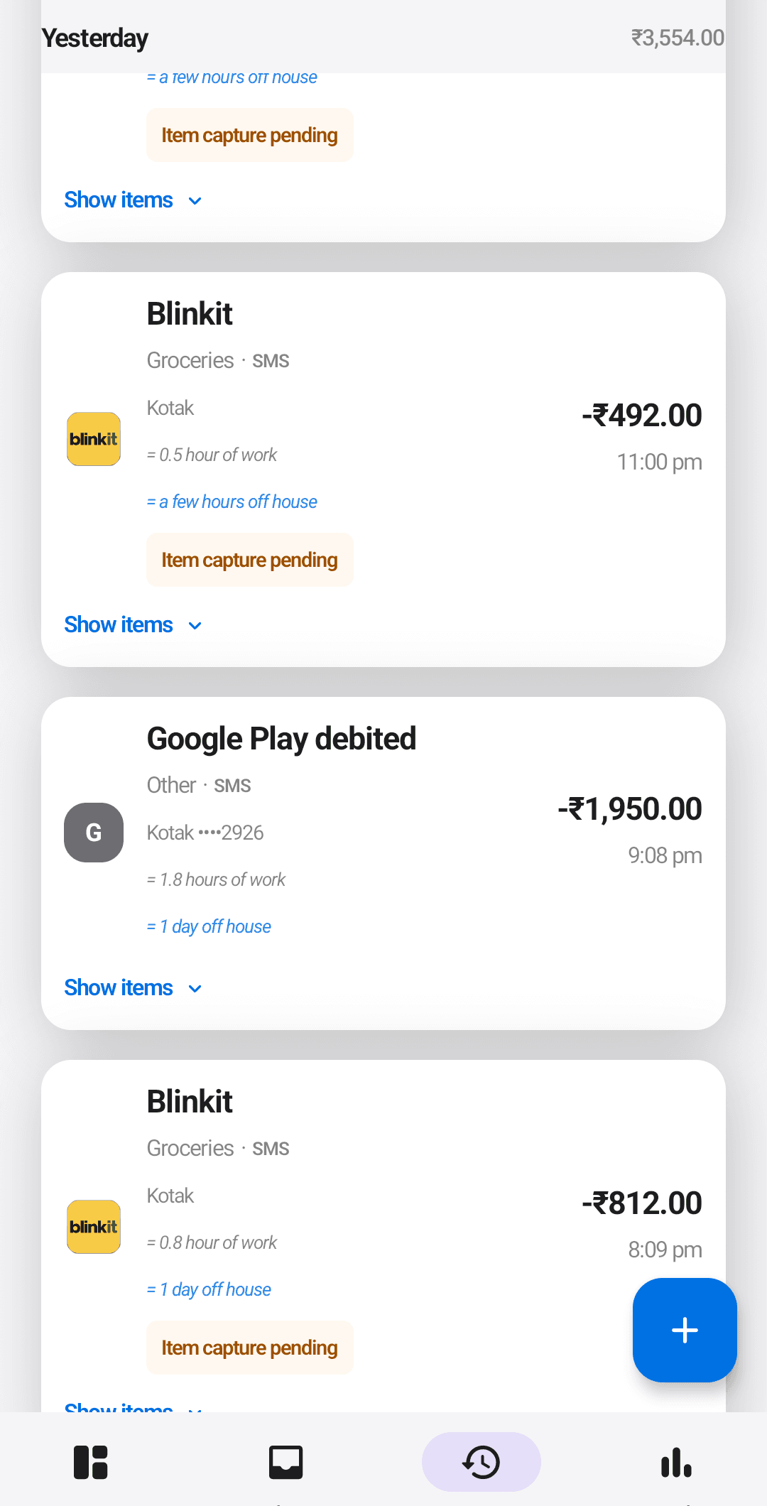 Auto-captured transaction list with per-card reward chips