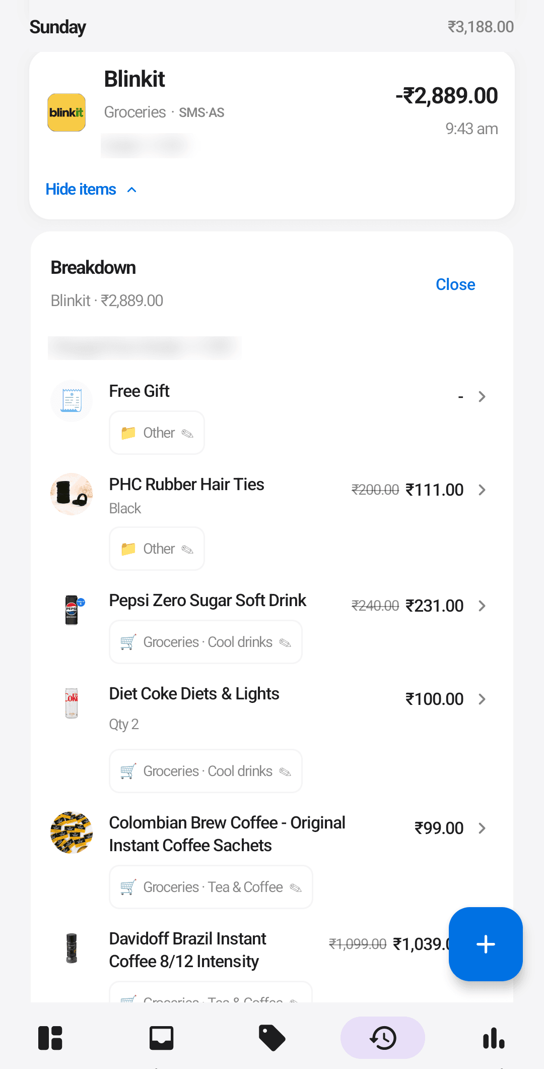 The same Blinkit order inside Ledgerly's History, expanded: every item with its product photo and price