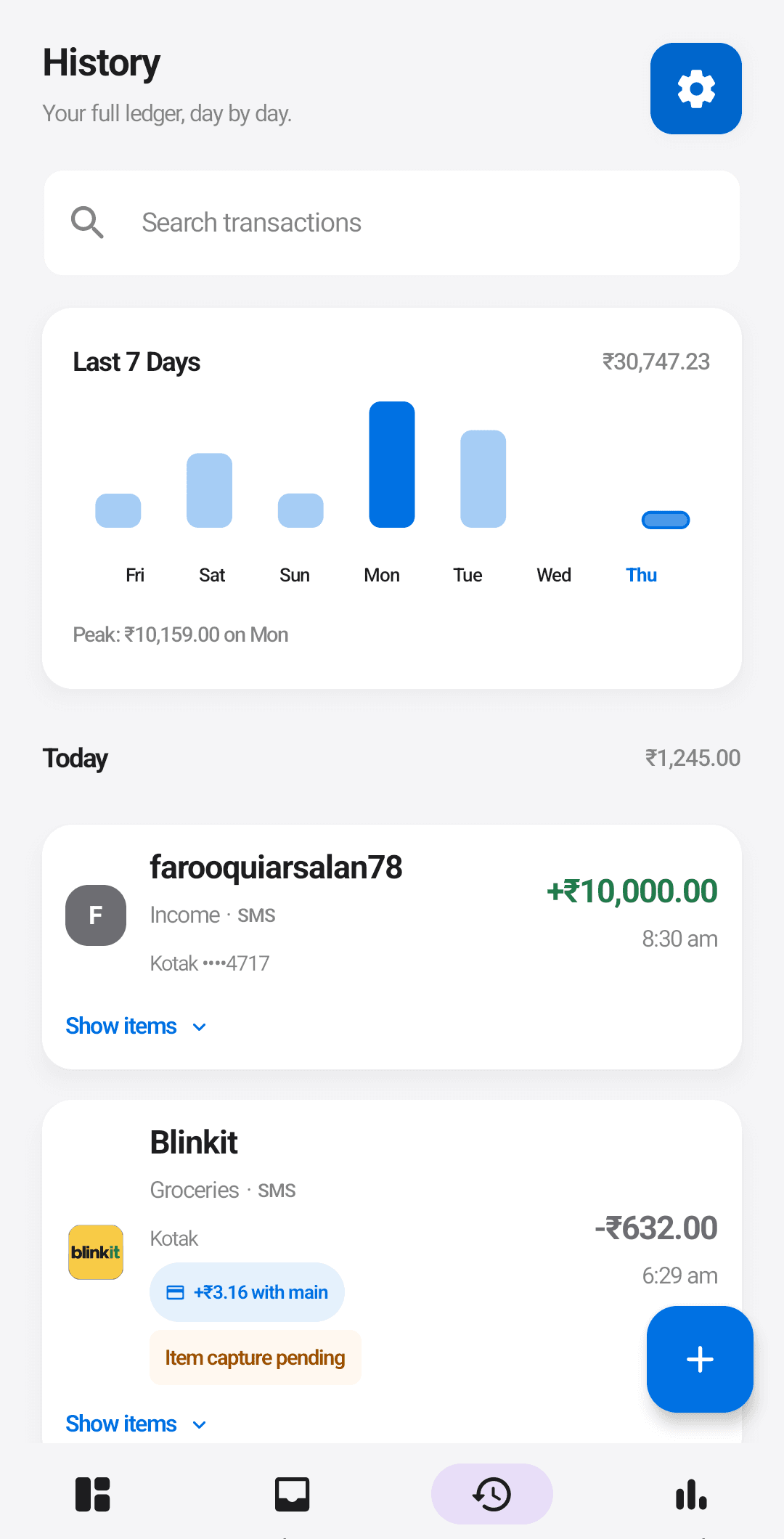Transaction ledger with a seven-day spend chart